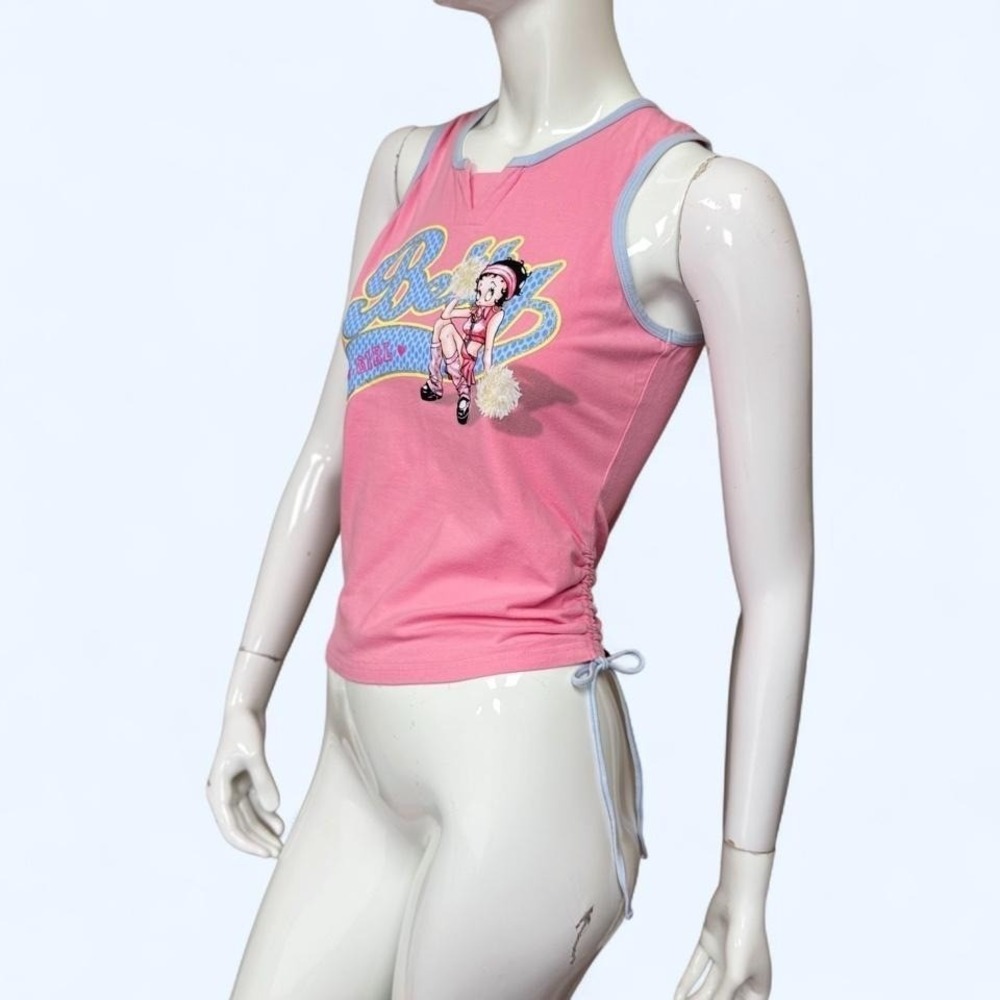 Y2K Betty Boop Cheerleader Tank Pink Ruched McBling Top Womens S sporty workout - Picture 4 of 8
